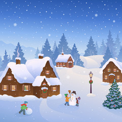 Snowy town Christmas scene with kids building snowmen
