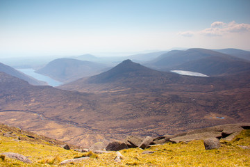 Panoramic stunning and breathtaking view of valley and lakes bellow Mourne  mountains, Northern Ireland