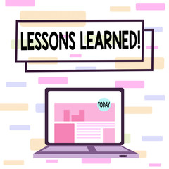 Writing note showing Lessons Learned. Business concept for experiences distilled project that should actively taken Laptop Switched On with Website Homepage Screen Web Search