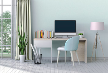 3D render of interior modern living room workspace with desk and desktop computer