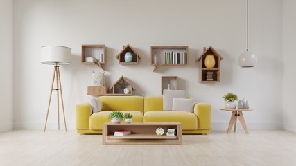 Living room with fabric yellow sofa,yellow armchair,lamp and green plant in vase,decorative shelves wall background.