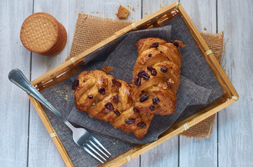 Homemade special bread baked on a old table ready for the breakfast