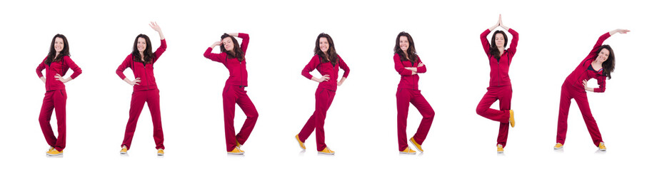 Young woman doing exercises on white