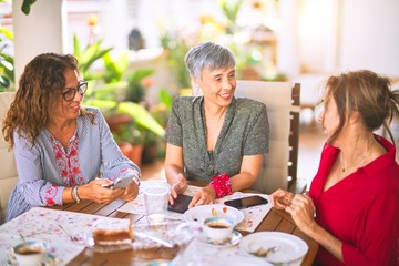Meeting of middle age women having lunch and drinking coffee. Mature friends smiling happy using smartphone at home on a sunny day