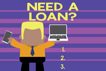 Word writing text Need A Loanquestion. Business photo showcasing offering a money for demonstratingal or business finances Standing professional man tie holding left open laptop right mobile phone