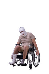Obraz premium Injured man in wheel-chair isolated on white