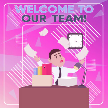 Word writing text Welcome To Our Team. Business photo showcasing introducing another demonstrating to your team mates Confused Male Employee Manager Cluttered Workspace Overflow Time Shortage