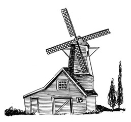 Old vintage windmill. Ink black and white drawing