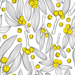 Christmas vector seamless pattern with hand draw lineart mistletoe and yellow berry. Repeating background  with outline ilex branch and berry. Perfect for greeting cards, wallpaper, gift paper.