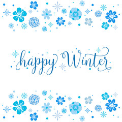 Greeting card happy winter background, with artwork design of blue flower frame. Vector
