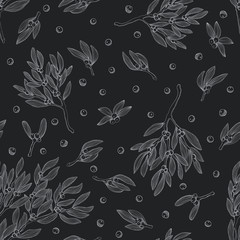 Vector seamless pattern with branches of mistletoe in lineart style. Repeating background with ilex leaves and berries. For fabric, wrapping paper, print and web projects. Greeting card design.