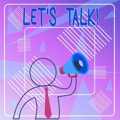 Handwriting text Let S Talk. Conceptual photo they are suggesting beginning conversation on specific topic Outline Symbol Man Loudspeaker Making Announcement Giving Instructions