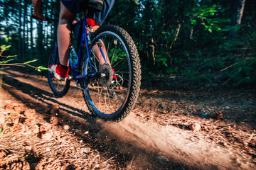 Fit male biker cyclist riding his bike cycle in the middle of the woods