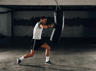 Portrait of boxer training with gloves and boxing equipement