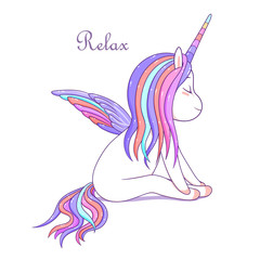 Beauty magical unicorn sitting relax pastel color, kawaii cartoon vector