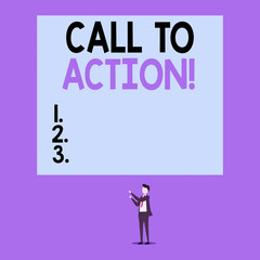 Writing note showing Call To Action. Business concept for exhortation do something in order achieve aim with problem Short hair cut man stand in front audience with board