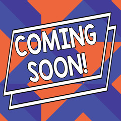 Word writing text Coming Soon. Business photo showcasing event or action that will happen after really short time Abstract Modern Design Diagonal Structure in Blue and Orange with Perspective