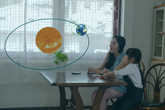 smart learning with augmented mixed virtual reality technology education concept, mother try to teach daughter by using artificial intelligence in subject in math, Science for creation, interaction,