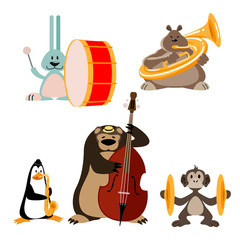 Animal Musicians Cartoon characters playing musical instruments. Illustration, vector.