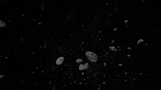 asteroid field fly through, science fiction space scene