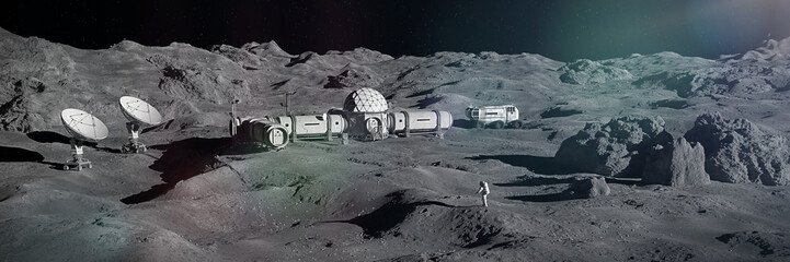 astronaut on Moon surface, lunar landscape with permanent base © dottedyeti