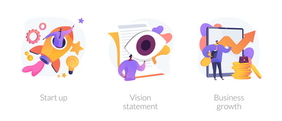 Successful project launch, corporate strategy presentation, financial development icons set. Startup, vision statement, business growth metaphors. Vector isolated concept metaphor illustrations