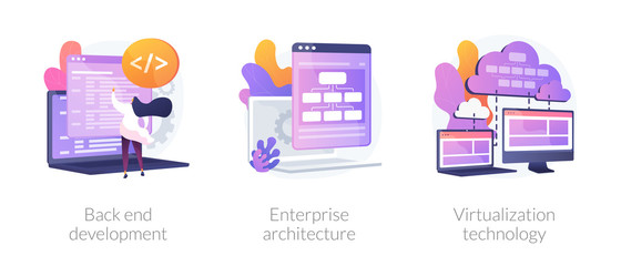 Software engineering, franchise building, cloud computing icons set. Back end development, enterprise architecture, virtualization technology metaphors. Vector isolated concept metaphor illustrations