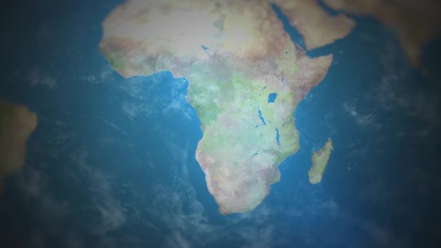 View of the world map with the camera flying over and focusing on Southern Africaa. Elements of this video are furnished by NASA.