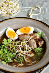 Asian Bean Sprouts Soup with Meatballs. Miso Ramen meatballs keto . Vietnamese Bun Cha. keto recipe, low carb