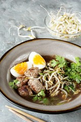 Asian Bean Sprouts Soup with Meatballs. Miso Ramen meatballs keto . Vietnamese Bun Cha. keto recipe, low carb
