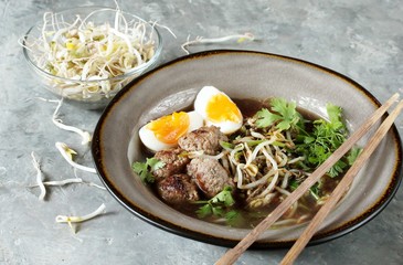 Asian Bean Sprouts Soup with Meatballs. Miso Ramen meatballs keto . Vietnamese Bun Cha. keto recipe, low carb