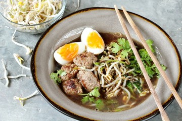 Asian Bean Sprouts Soup with Meatballs. Miso Ramen meatballs keto . Vietnamese Bun Cha. keto recipe, low carb