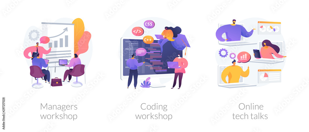 Poster business management coaching, programming courses, technical support icons set. managers workshop, c