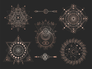 Vector set of Sacred geometric symbols and figures on black background. Abstract mystic signs collection.