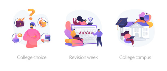 Important decision making, higher education institution choosing, student lifestyle icons set. College choice, revision week, college campus metaphors. Vector isolated concept metaphor illustrations