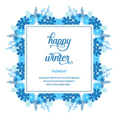 Handwritten greeting card happy winter, with pattern vintage blue flower frame. Vector