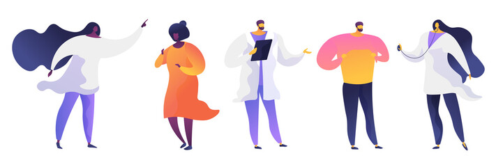 Hospital visit flat vector illustrations set. Doctors in white coats and patients cartoon characters. Professional consultation, healthcare service. Therapist with stethoscope. Medical clinic staff