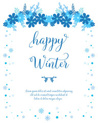Handwritten greeting card happy winter, with pattern vintage blue flower frame. Vector