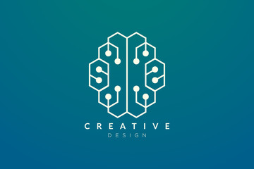Design abstract brain shape logo with technology style. Simple and modern vector design for business brand in the field of digital technology, network, internet, media, data, electronic, software.