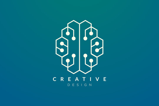Design abstract brain shape logo with technology style. Simple and modern vector design for business brand in the field of digital technology, network, internet, media, data, electronic, software.