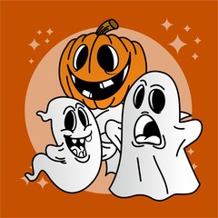 The Cute Pumpkin Ghost And White Ghost, Flat Design