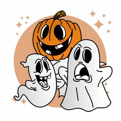 The Cute Pumpkin Ghost And White Ghost, Flat Design
