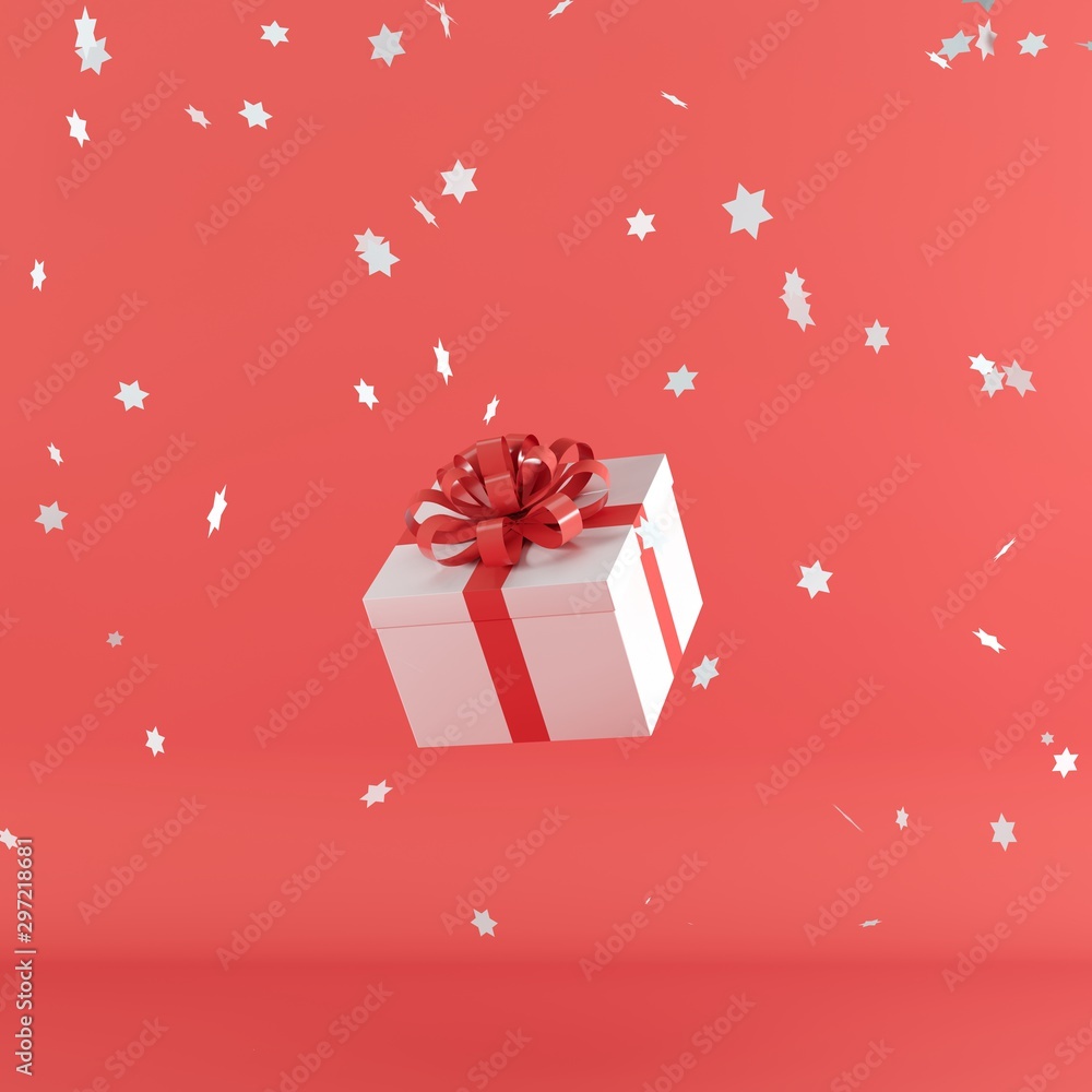 Wall mural White gift box with red color ribbon on red color background. minimal christmas newyear concept. 3D Render.