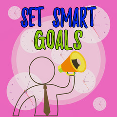 Conceptual hand writing showing Set Smart Goals. Concept meaning giving criteria to guide in the setting of objectives Outline Symbol Man Loudspeaker Announcing Instructions