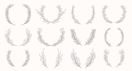 Plant nature wreath hand drawn set. Collection botanical element.Elegante vintage style.