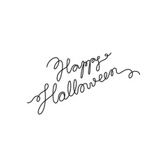 Happy Halloween lettering,  continuous line drawing, banner, poster, flyers, marketing, greeting cards, hand lettering, emblem or logo design, one single line on white background, isolated vector.