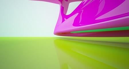 Abstract smooth architectural white interior and glossy color gradient sculpture with large windows. 3D illustration and rendering.