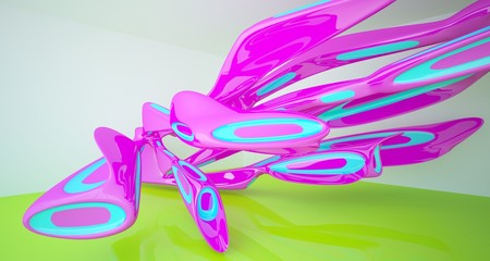 Abstract smooth architectural white interior and glossy color gradient sculpture with large windows. 3D illustration and rendering.