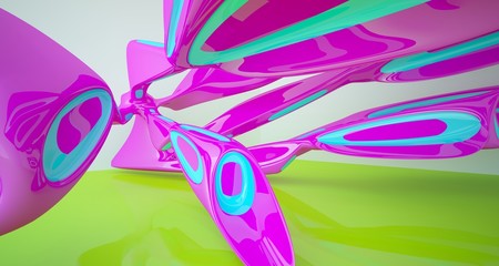 Abstract smooth architectural white interior and glossy color gradient sculpture with large windows. 3D illustration and rendering.