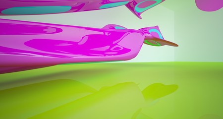 Abstract smooth architectural white interior and glossy color gradient sculpture with large windows. 3D illustration and rendering.